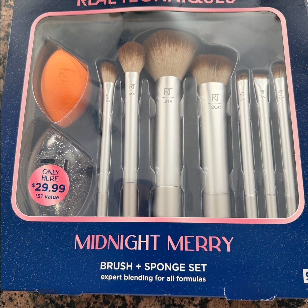 Real Techniques Midnight Merry Brush and Sponge Set - Silver and Orange